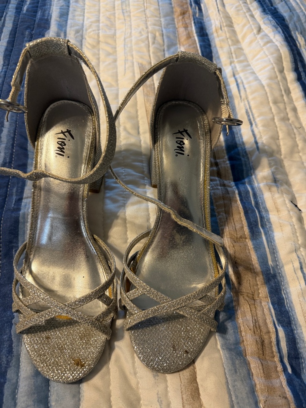 FIONI Clothing Silver Glitter Strappy Ankle Strap Block Heels